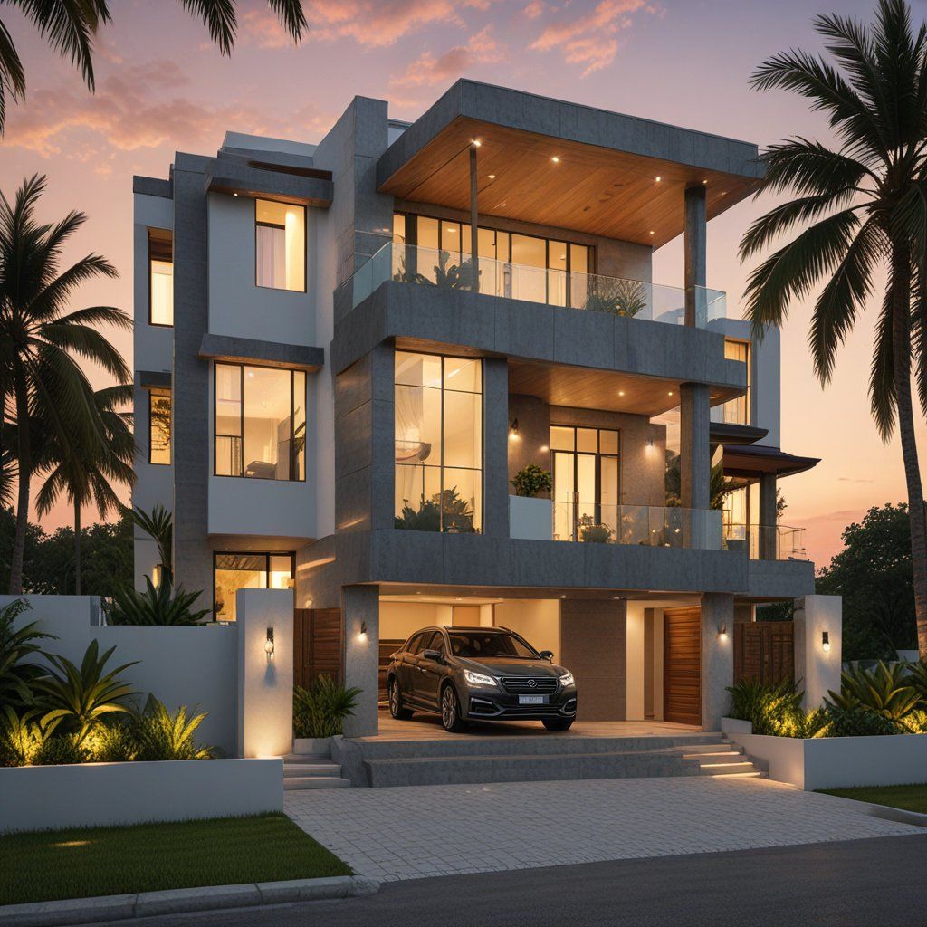 Modern 3D front elevation house design with floating balcony by Venthan Builders in Kumbakonam
