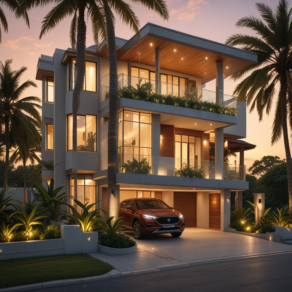 Contemporary duplex house architecture with balcony and garden in Kumbakonam by Venthan Builders