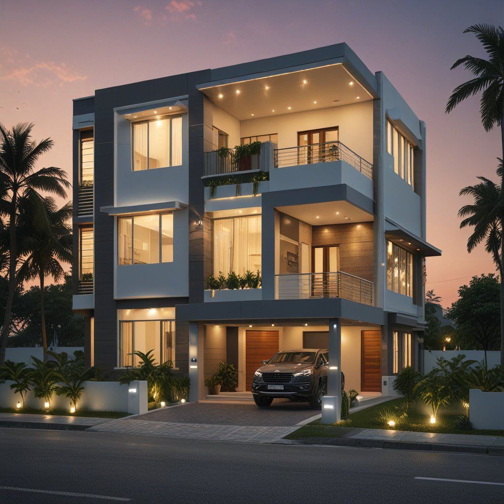 Exterior house painting service with fresh white and grey colors by Venthan Builders in Kumbakonam