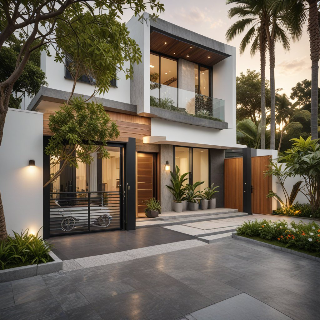 Contemporary home exterior with floating balcony, tiled driveway, and designer lights in Kumbakonam.