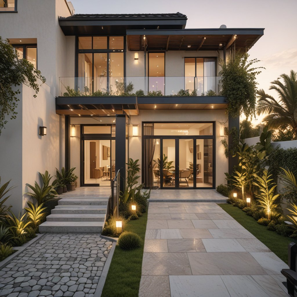 Premium villa front elevation with modern balcony and tiled driveway in Kumbakonam.