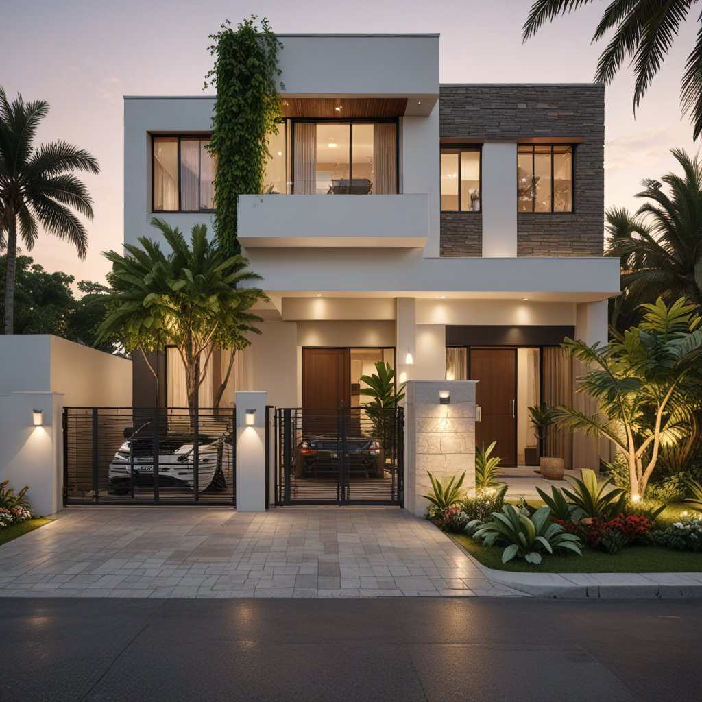 Best Builders in Kumbakonam - Luxury South Indian villa exterior with landscaped garden, reflective glass windows, and designer compound wall