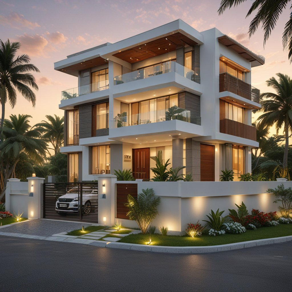 Luxury independent house with glass balcony and landscaped driveway in Kumbakonam.
